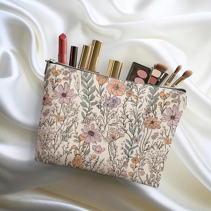 Secret Santa Gifts Vintage Wildflowers Makeup Bag Floral Garden Flower Cosmetic Bag Friend Friendship Gifts for Women Girls Sister Coworker Botanical Zipper Pouch Christmas Thanksgiving Birthday Gift