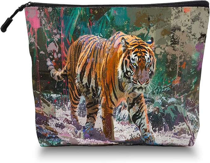 Cosmetic Bags Travel Makeup Toilet Case Waterproof Pouch for Women Girls 6.7X9.45inches - Artistic Tiger Walking Through A Splash - Filled Jungle