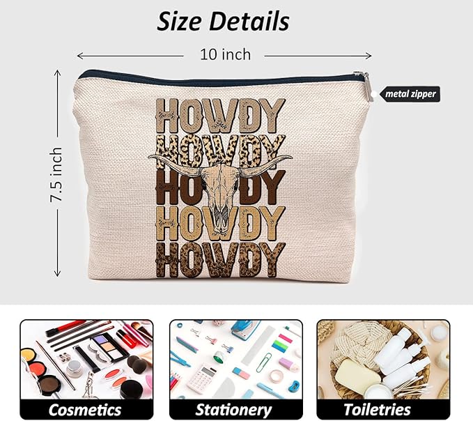 IWXYI Retro Western Leopard Cow Skull Howdy Decor Makeup Bag,Vintage Western Cowboy Howdy Women'S Make up Bag Zipper Pouch Travel Toiletry Gifts For Women Teenage Girls Girl