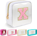 Mini Clear Personalized Initial Makeup Bag, Small Preppy A-Z Chenille Letter Patch Cosmetic Pouch, Transparent PVC & Nylon Waterproof Zip Beach Toiletry Bag,Gift for Women Girls(White-Pink X)
