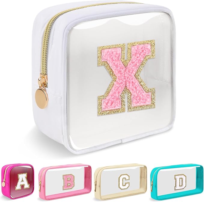 Mini Clear Personalized Initial Makeup Bag, Small Preppy A-Z Chenille Letter Patch Cosmetic Pouch, Transparent PVC & Nylon Waterproof Zip Beach Toiletry Bag,Gift for Women Girls(White-Pink X)