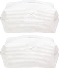 PAZIMIIK 2PCS Cozy Makeup Bag Travel Cosmetic Bag for Women Soft Toiletry Bag Aesthetic Makeup Organizer Portable Large Zipper Pouch for Skincare Beauty Accessories Brushes Waffle Check White