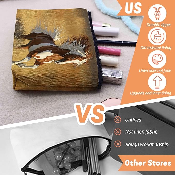 Cosmetic Bags Travel Makeup Toilet Case Waterproof Pouch for Women Girls 6.7X9.45inches - Horse Galloped on The Golden Grass