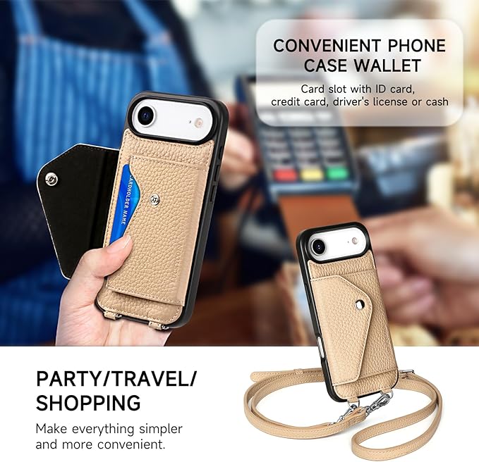 LUCKYCOIN Crossbody Wallet Phone Case for iPhone Air,100% Genuine Leather Wallet Phone Case with Expandable Flip Card Holder,Phone Purse for Women with Adjustable Removable Strap - Pebble Beige