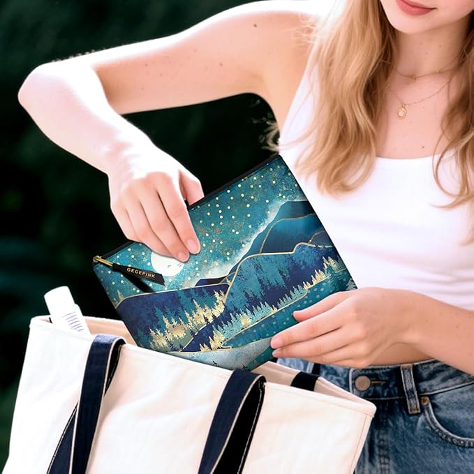 Cute Makeup Bag for Purse Waterproof Cosmetic Bags for Women Funny Smooth Zipper Travel Toiletry Pouch 10X8 Inches-Green Mountain Moon Lake Makeup pouch