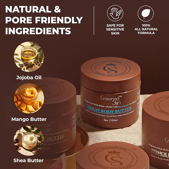 Crowned Skin Reign Cologned Body Butter | Fresh & Nautical Scent | Blended with Pink Pepper & Bergamot | Infused with Organic Shea & Mango Butters | Moisturizing Formula with All-Day Fragrance | 5oz