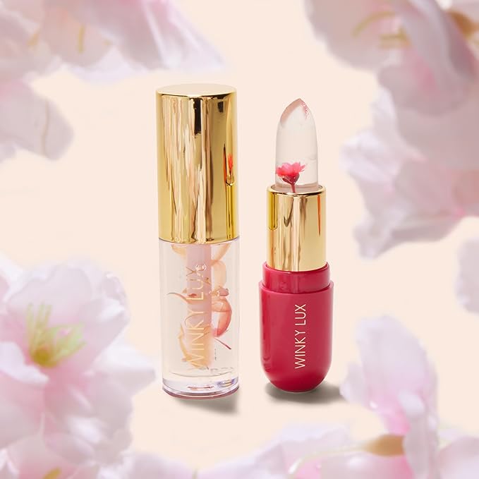 Winky Lux Winter Blossom Pink Lip Kit – Ultra Nourishing Pink Flower PH Lip Balm, Non-Sticky Hydrating Flower Petal Clear Lip Oil, Lipcare Value Set
