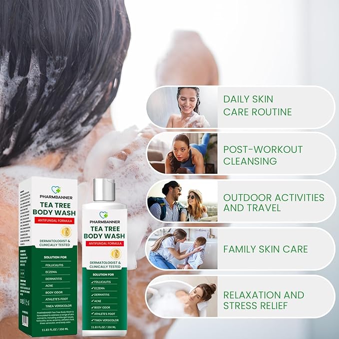 Tea Tree Antifungal Body Wash – Soothes Folliculitis, Acne, Jock Itch, Athlete’s Foot, Ringworm, Tinea Versicolor, Body Odor, Eczema & Dermatitis-Prone Skin