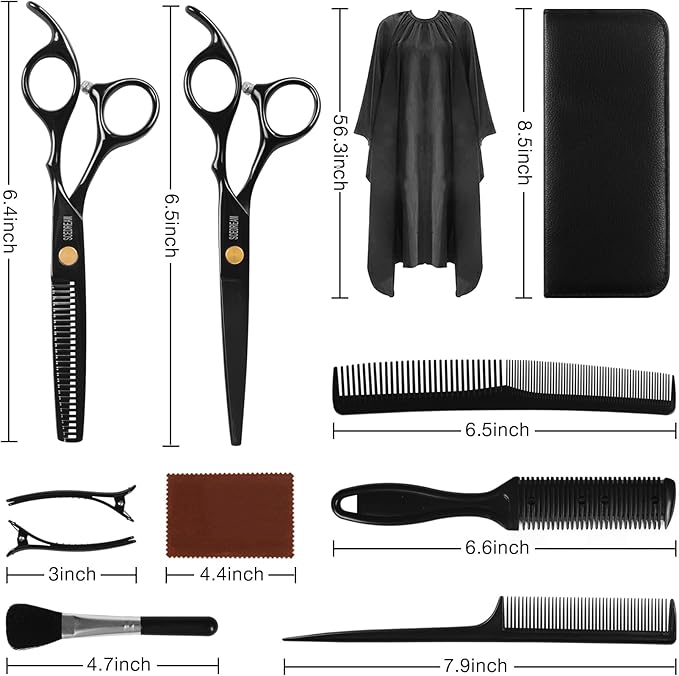 11-Piece Hair Cutting Scissors Kit - Professional Set with Thinning Scissors, Comb, Cape, Clips, Brush, Leather Bag for Barber, Salon, Home