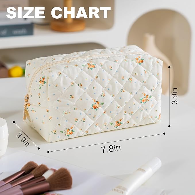Makeup Bag Travel Toiletry Bag for Women, Small Cosmetic Bags Cute Quilted Cotton Makeup Pouch for Purse Emergency Bag for School Floral Pencil Case Accessory Bag, Orange Floral