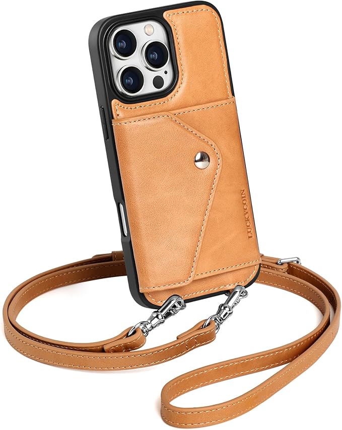 LUCKYCOIN Crossbody Wallet Phone Case for iPhone 16 Pro Max,100% Genuine Leather Wallet Phone Case with Expandable Flip Card Holder,Phone Purse for Women with Adjustable Removable Strap - Brown