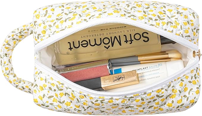 JOVAKIT Travel Makeup Bag Cosmetic Bag for Women, Christmas Gifts, Small Floral Flowers Coquette Toiletry Bag with Handle, Zipper Make Up Pouch Organizer Bag Trendy Stuff (Yellow Floral)