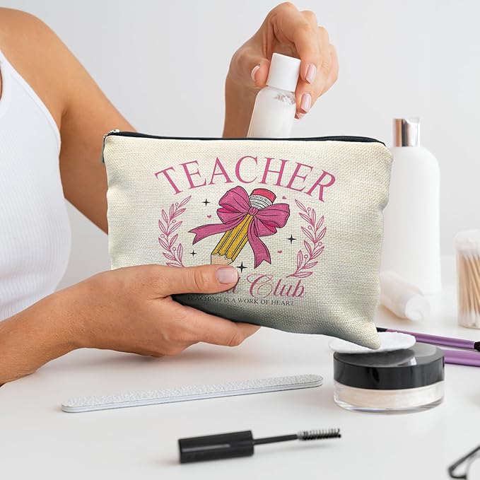 Coquette Hot Pink Bow Teacher Makeup Bag, Teacher Appreciation Gifts Cosmetic Bags for Women, End of Year Teachers Gifts, Teaching Is a Work of Heart Zipper Makeup Pouch for Teachers