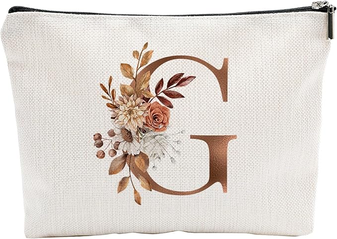 A-Z Boho Personalized Cosmetic Bag-Floral Cotton Letter Makeup Bag With Zipper-Artistic Cosmetic Bag For Travel-Bride,Birthday Gift For Women Daughter Friends-Women Makeup Organizer-A07