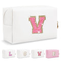 Small Personalized Initial A-Z Patch Makeup Bag,White Cute PU Leather Glitter Letter Cosmetic Bag for Teen Girls,Travel Toiletry Bag with Zipper,Preppy Monogrammed Birthday Gift for Daughter Niece V