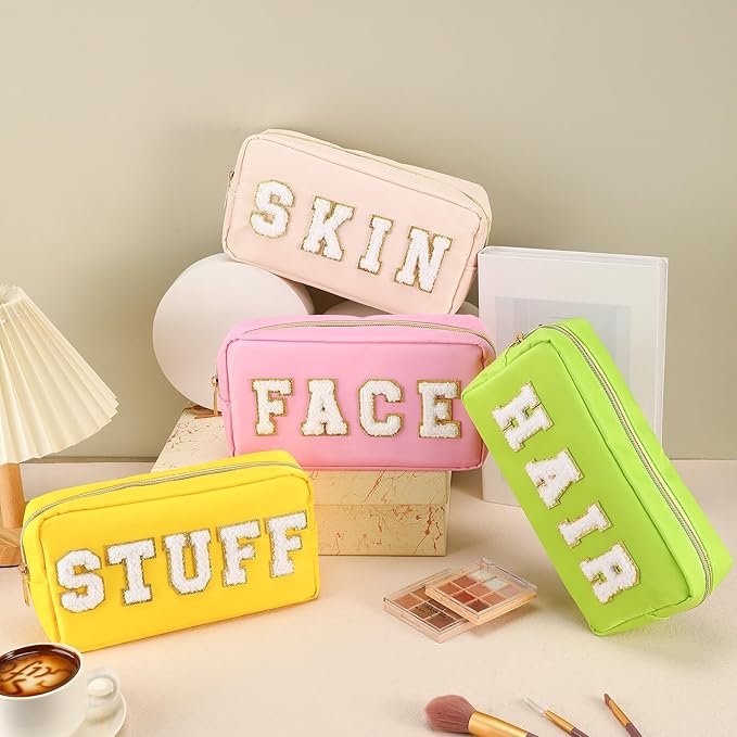Cunno 4 Pcs Preppy Makeup Bags Chenille Letter Stuff Bag Nylon Cosmetic Pouch Cases with Zipper for Women Travel Toiletry