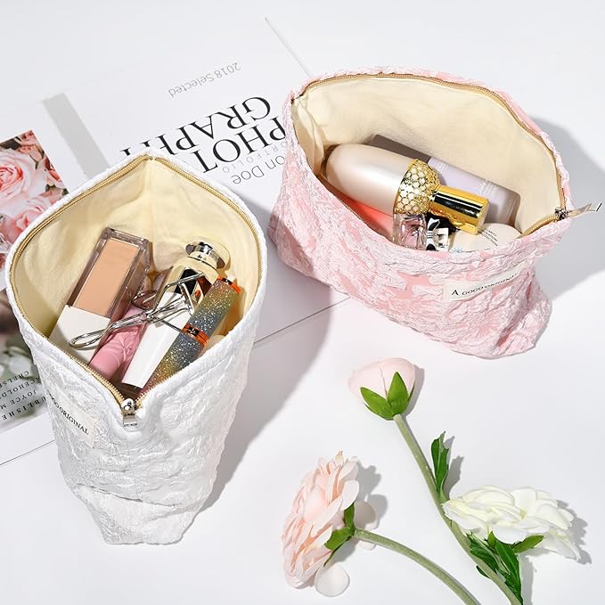 SOIDRAM 2 Pieces Flower Makeup Bag Large Floral Cosmetic Bag Capacity Canvas Travel Toiletry Bag Organizer Cute Makeup Brushes Aesthetic Accessories Storage Bag for Women, Flower L White Pink