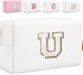Small Personalized Glitter Initial Letter Makeup Bag, Cute PU Leather Chenille Letters Cosmetic Bag Travel Makeup Pouch, Preppy Travel Organizer Zipper Pouch for Women&Girls（White-U）