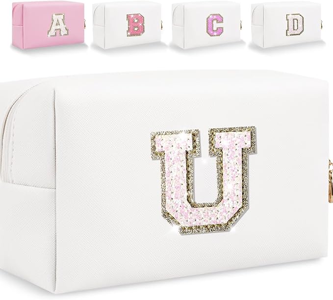 Small Personalized Glitter Initial Letter Makeup Bag, Cute PU Leather Chenille Letters Cosmetic Bag Travel Makeup Pouch, Preppy Travel Organizer Zipper Pouch for Women&Girls（White-U）