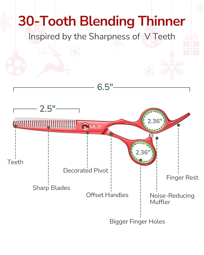 ULG 6.5" Hair Thinning Scissors, Japanese Stainless Steel, Professional Texturizing Shears, Barber’s 30-Tooth Blending Thinner for Stylist & Home Use, Christmas Gifts for Women Men Family Red
