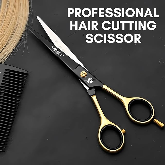Professional Barber Hair Cutting Scissors 7.5” – Premium Japanese Stainless Steel Hair Shears with Razor Edge Blades – Salon & Home Haircut Scissors for Men, Women, Kids & Pets – Black Gold Series