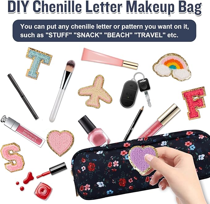 Nylon Small Floral Makeup Bag Slim Pouch, Preppy Cute Travel Makeup Brush Case Cosmetic Zipper Pouch for Purse, Waterproof Toiletry Bag Makeup Organizer Travel Essentials for Women(Navy Blue-Flower)
