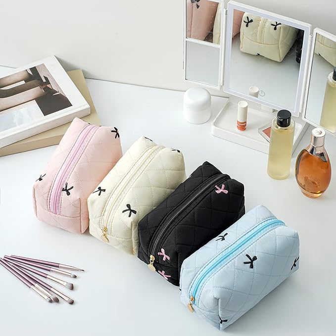 JOVAKIT Square Makeup Bag Cute Cosmetic Bag for Women, Floral Coquette Aesthetic Toiletry Bag, Zipper Make Up Pouch, Travel Make Up Organizer Bag (Pink)