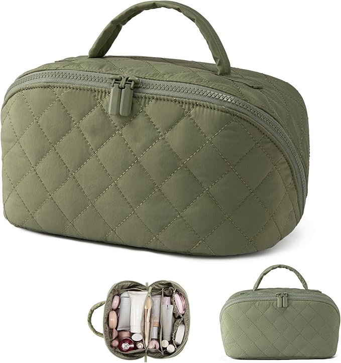 Makeup Bag for Woman, Festivalment Makeup Bag, Wide Open Lay-Flat Water-Resistant Cosmetic Case, Puffy Padded Organizer for Toiletries & Brushes Large Capacity with Compartments (Green)