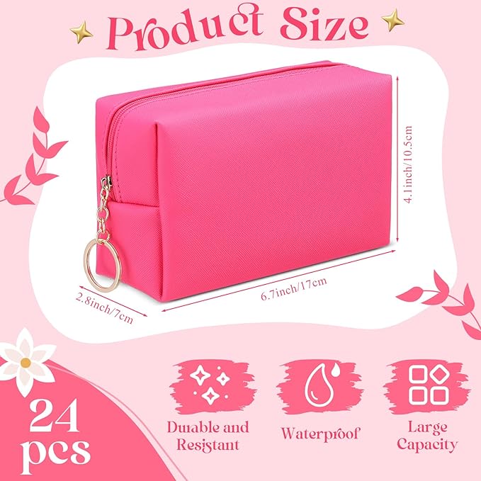 Chunful 24 Pcs Preppy Makeup Bag PU Leather Cosmetic Bag Bulk Makeup Plain Pouch Waterproof Toiletry Purse for Women Traveling Preppy Pencil Case Travel Purse Cosmetic (Rose Red)