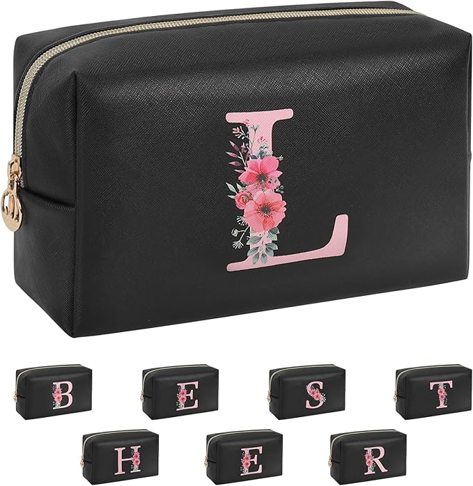 Personalized Initial Makeup Bag, Birthday Gifts for Women and Girls, Small Makeup Pouch Travel Toiletry Bag, Make Up Organizer Bag Gift Trendy Stuff for Friend Mom Teacher, Black