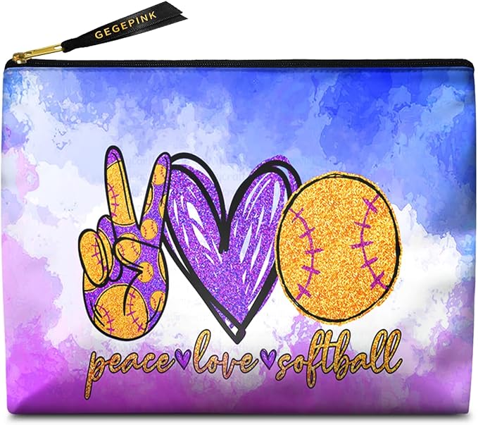 Cute Makeup Bag for Purse Waterproof Cosmetic Bags for Women Funny Smooth Zipper Travel Toiletry Pouch 10X8 Inches-Peace Love Softball Makeup pouch