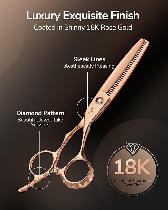 ULG Professional V-Tooth Hair Thinning Scissors Luxury 18K Rose Gold Coated 6.5" Barber Scissors 440C Japanese Stainless Steel Hand-Honed Convex Blades Offset Handles Tension Adjustable, Right-Handed