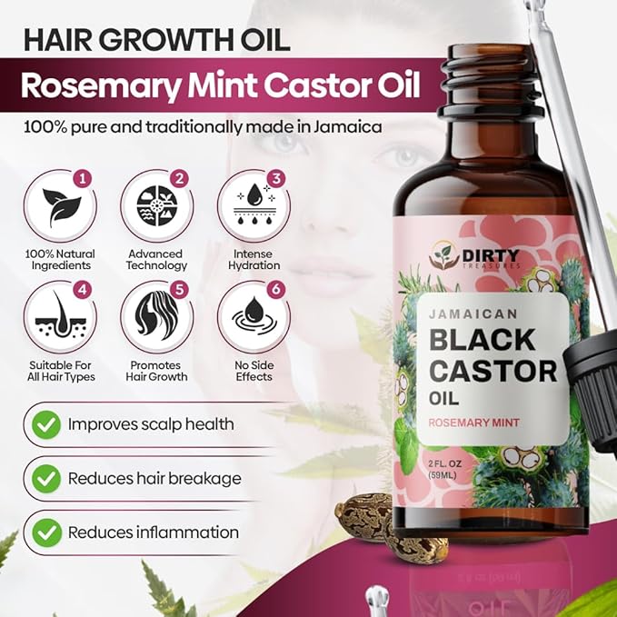 Dirty Treasures Rosemary Peppermint Castor Hair & Scalp Treatment - Nourishing Oil for Hair Growth, Dry/Damaged Hair, Eczema & Split Ends - 2oz
