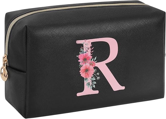Personalized Initial Makeup Bag, Birthday Gifts for Women and Girls, Small Makeup Pouch Travel Toiletry Bag, Make Up Organizer Bag Gift Trendy Stuff for Friend Mom Teacher, Black