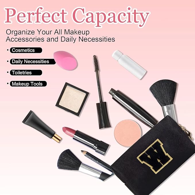 Small Personalized Letter Makeup Bag, Cute PU Leather Chenille Letters Cosmetic Bag Travel Makeup Pouch, Preppy Travel Organizer Zipper Pouch for Women&Girls（Black-W）