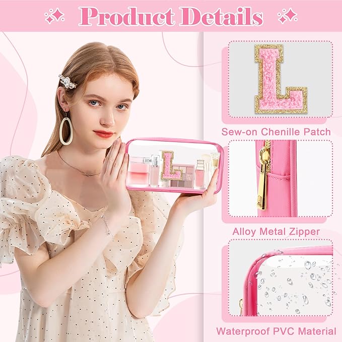 Personalized Initial Letter Clear Makeup Bag,Preppy Small Nylon&PVC Cosmetic Zipper Bag with Chenille Letter,Portable Beach Travel Skincare Toiletry Bag,Trendy Monogram Gift for Teen Girls Women,L