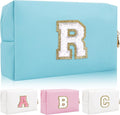Personalized Initial Letter Patch Makeup Bag, Preppy Portable Chenille Letter Cosmetic Bag with Zipper, PU Leather Waterproof Travel Toiletry Bag Monogram Make Up Pouch for Women Girls