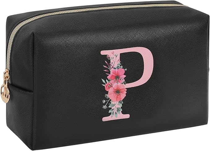 Personalized Initial Makeup Bag, Birthday Gifts for Women and Girls, Small Makeup Pouch Travel Toiletry Bag, Make Up Organizer Bag Gift Trendy Stuff for Friend Mom Teacher, Black