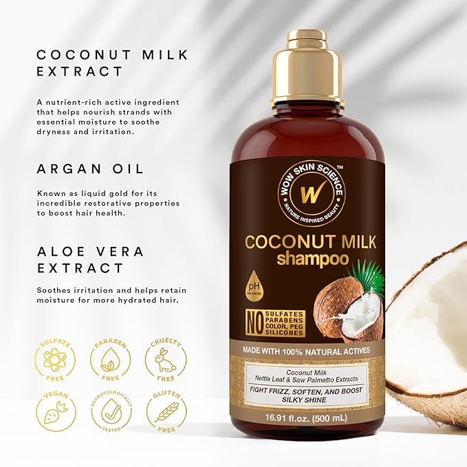WOW Skin Science Coconut Oil Milk Shampoo - Hair Growth, Hydrating and Curl-Defining Formula for Curly, Wavy Hair for Men & Women - No Sulfates, No Parabens