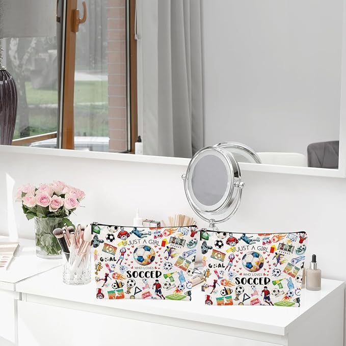 2pcs Soccer Makeup Bags for Women, Canvas Soccer Gifts Cosmetic Bag Pouch Accessories for Players Teams Stuff, Sport Team Birthday Gifts for Soccer Lovers Her Friends Women