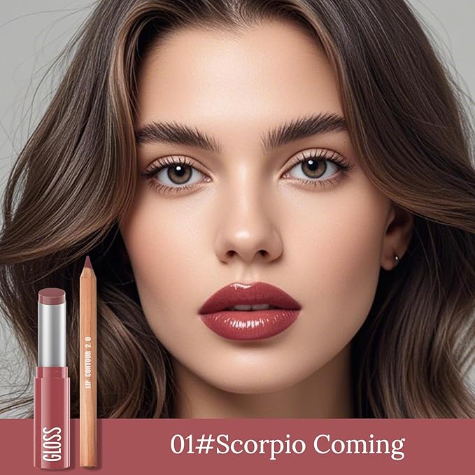 Erinde 2pcs Lip Liner and Lipstick Combo Set, Matte Lipliner Pencil & Hydrating Lip Gloss Makeup Kits for Women, Waterproof, Long Lasting, Highly Pigmented, Nude Brown Natural Lipstick, 01