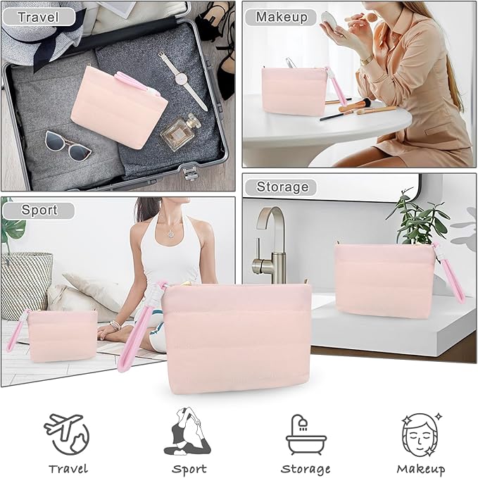 DOB SECHS Quilted Makeup Bag with Handle Detachable Cute Puffy Cotton Cosmetic Bags for Women, Small Puffer Toiletry Zipper Make Up Pouch, Quilt Clutch Bag Travel Organizer Storage Pouches Case, Pink
