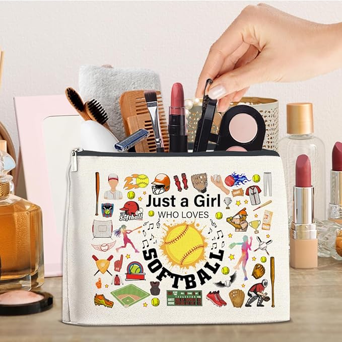 Softball Makeup Bag for Girls - Cool Team Gifts for Coach, Players, Fans - Cosmetic Travel Bag Pouch for Purse
