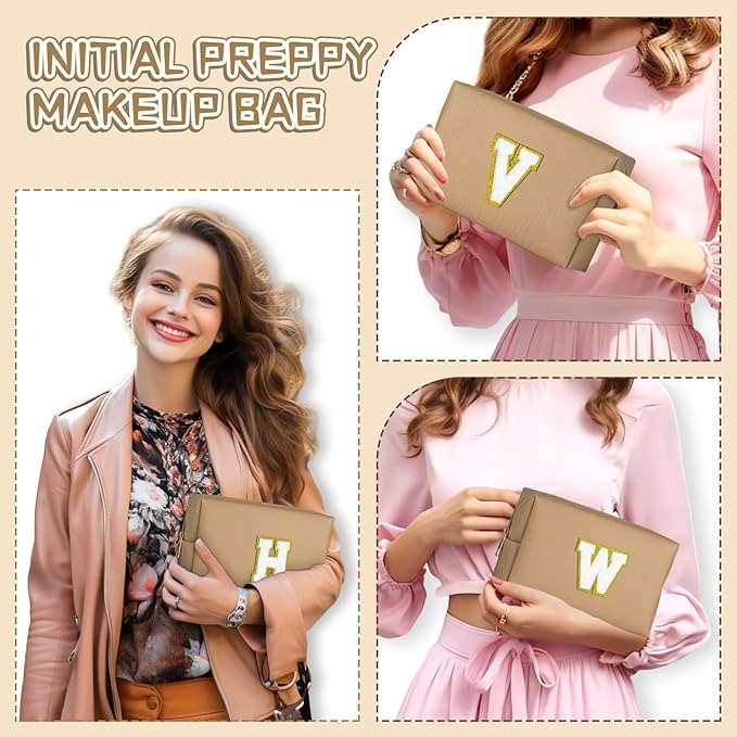 TOPEAST Initial Cosmetic Bag, PU Leather Waterproof Travel Toiletry Bag, Monogrammed Gifts for Women, Personalized Birthday Gift for Sister Friends, Cute Stuff for Girls (Khaki K)
