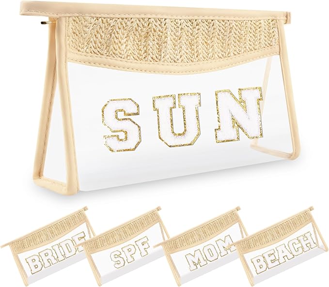 Small Boho Straw Clear Sun Makeup Bags for Women&Girls, Zipper Cosmetic Bag Chenille Varsity Letter Patch Bag, Preppy Cute Toiletry Pouch, Trendy Organizer Storage Bag for Beach Travel Essentials