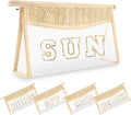 Small Boho Straw Clear Sun Makeup Bags for Women&Girls, Zipper Cosmetic Bag Chenille Varsity Letter Patch Bag, Preppy Cute Toiletry Pouch, Trendy Organizer Storage Bag for Beach Travel Essentials