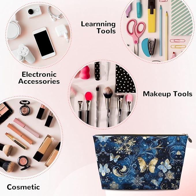 Womens Leather Makeup Bag Cosmetic Bag Travel Toiletry Bags Make Up Bags for Women Adult (Christmas Snowflakes Butterfly-21)