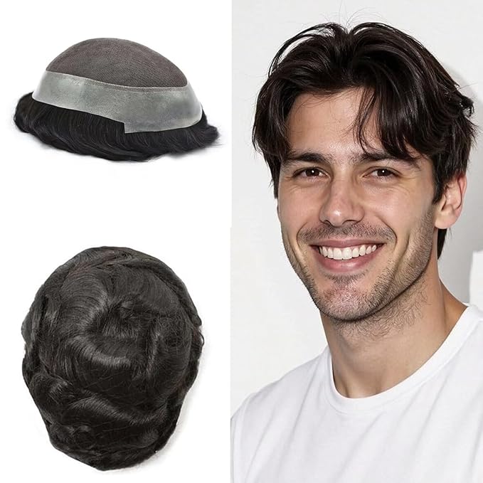 Toupee for Men French Lace Center Human Hair Replacement Systems Transparent Lace Center Hair Piece Mens Toupee Hair Units for Man V-Looped Front Male Hair Prosthesis 7"X10" 1B# OFF BLACK