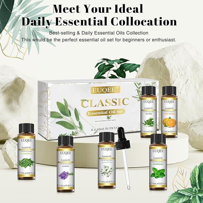 EUQEE Classic Essential Oil Set of 6 Pure Essential Oil Gift Set for Diffusers, Soap Candle Making - Lavender, Eucalyptus, Peppermint, Tea Tree, Sweet Orange, Lemongrass Aromatherapy Oils -10ml