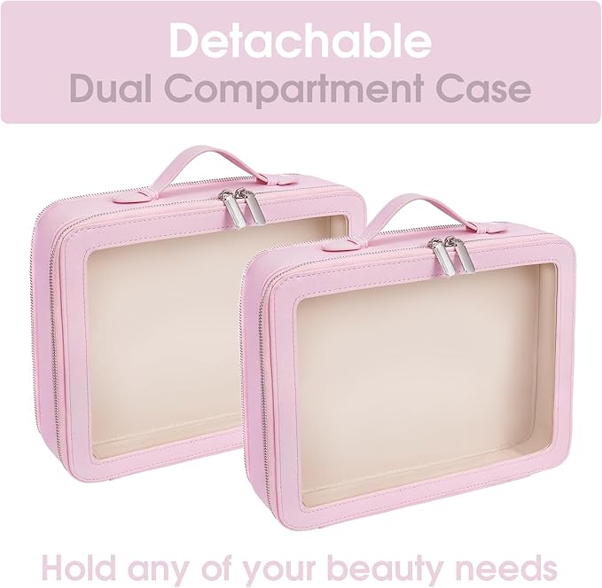 Clear Makeup Bag,Large Toiletry Case for Women,PU Leather Travel Cosmetic Bag,Detachable Makeup Case,Double Compartment Make up Organizer